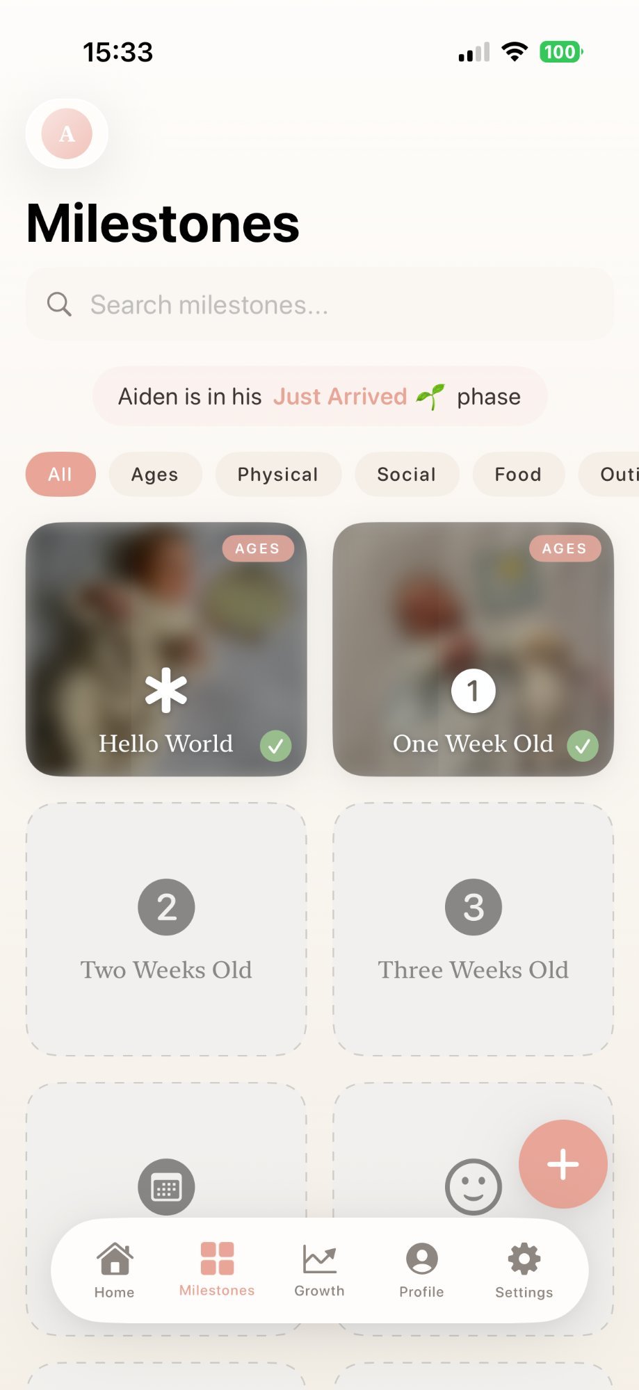 Yayby milestone cards grid with categories